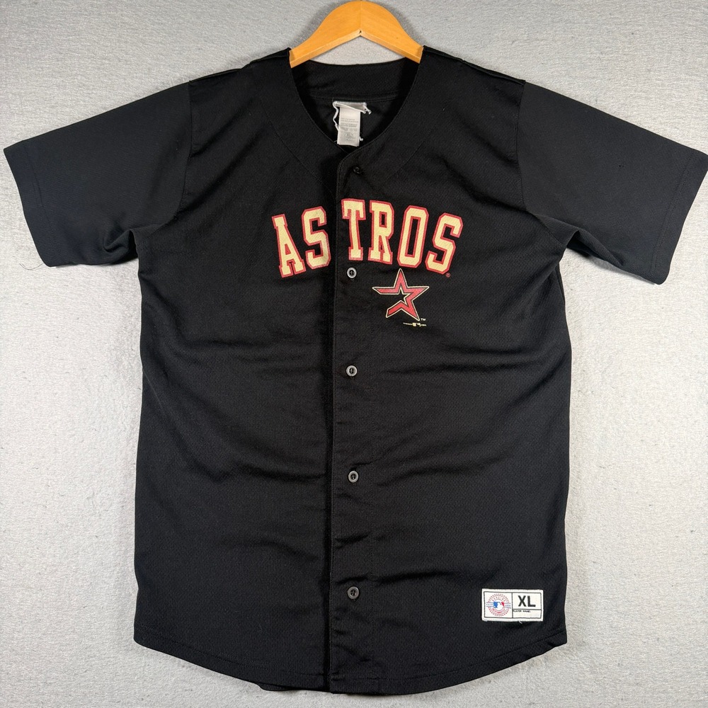 Vintage Houston Astros MLB Baseball Jersey Kids XL 18-20 Black Button Front 2004